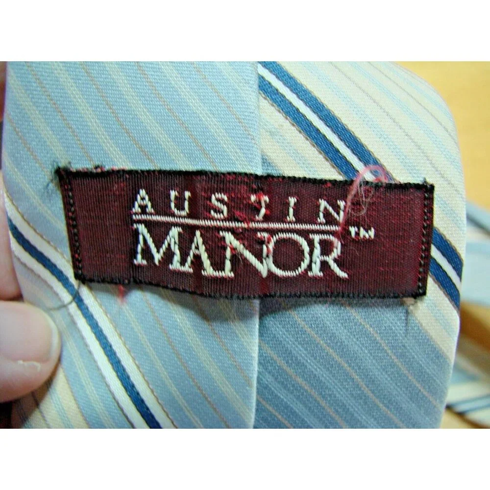 Austin Manor Necktie Mens Striped Blue Tone Silk Polyester Blend Office Formal